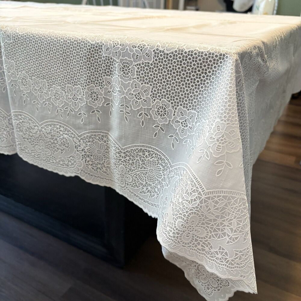 Vintage Crocheted Vinyl Heavy Plastic White Tablecloth 59" x 90" Large Wipeable
